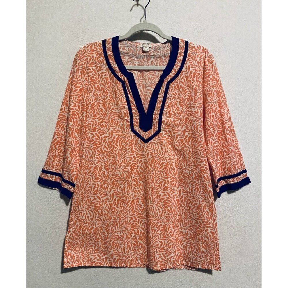 J Crew Top Womens Medium Floral V Neck Tunic Coral Orange Cotton Lightweight